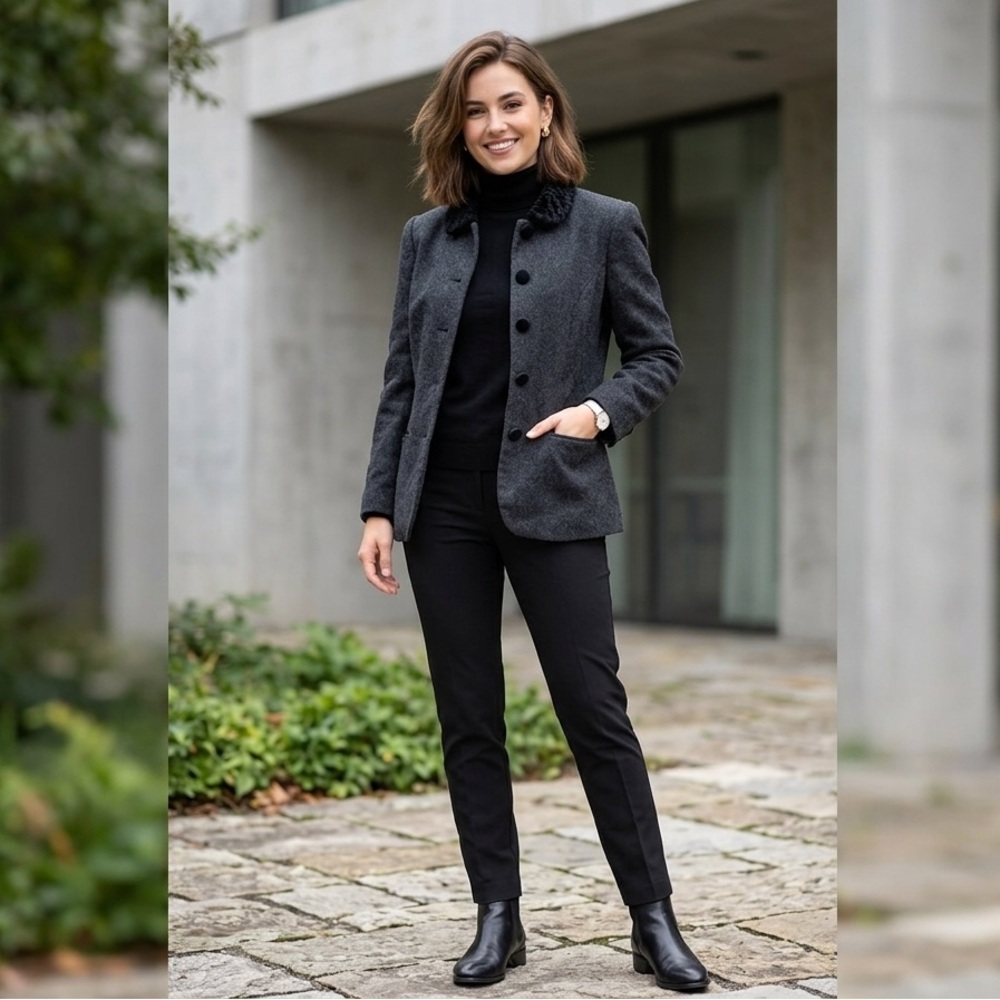 Fundamental Things Charcoal Gray Wool Blend Button Front Blazer Jacket Collared
